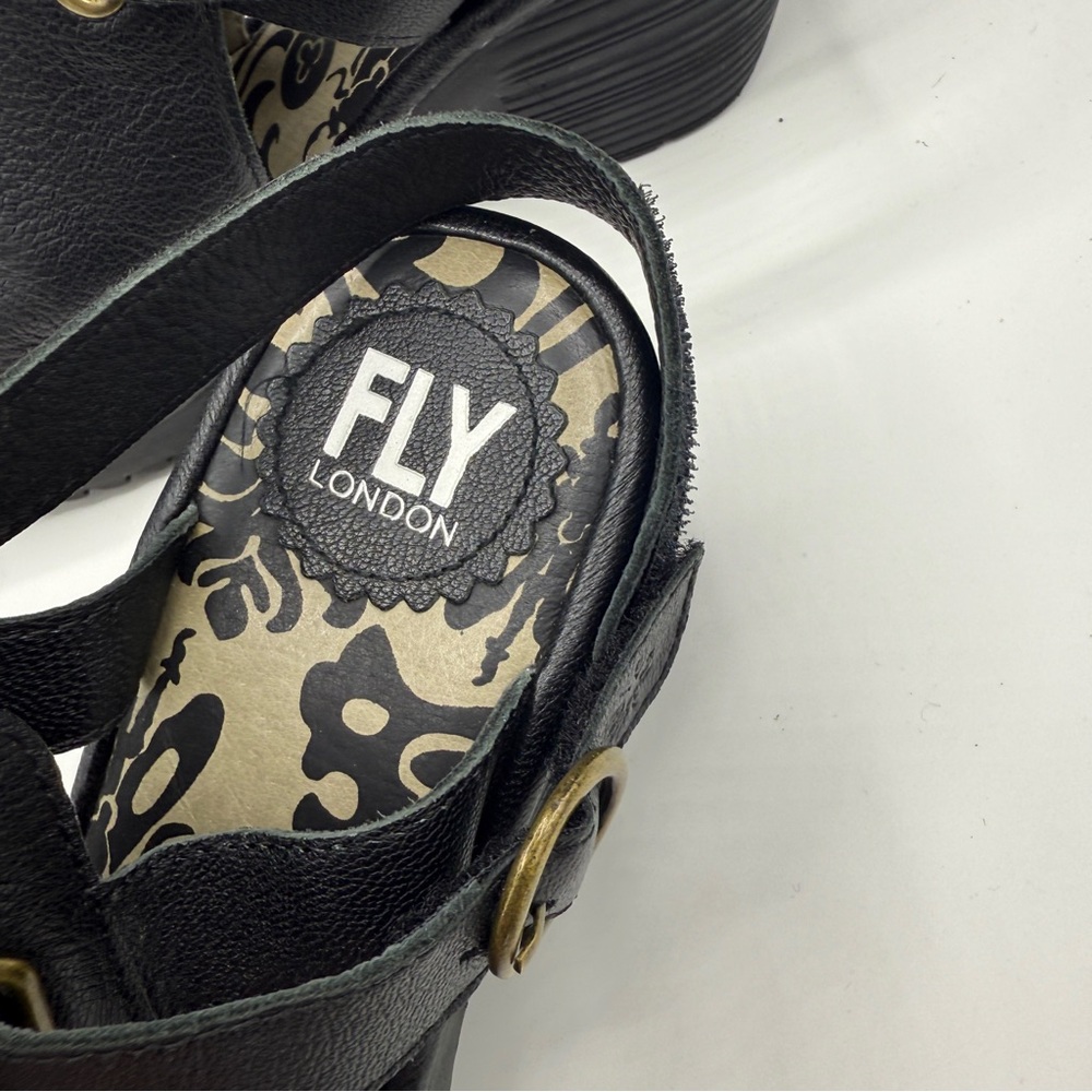 Fly London Black Leather Heeled Wena Sandals Buckle Strap - Picture 6 of 9
